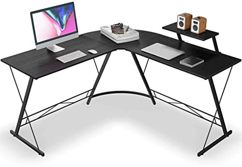 LAMEDOAT Eckschreibtisch, L-förmiger Schreibtisch, robust, Heimbüro, PC, Laptop, Workstation, Gaming-Computertisch, Arbeitszimmer, Schreibtisch mit 2 Lautsprecherständern für Zuhause, Schwarz