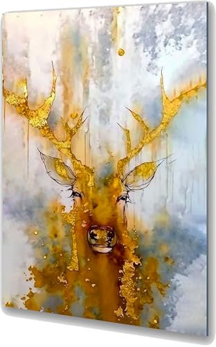 UVTECHPRINT Glasbild Wandbild Heimdekoration 60x90 cm Wohnzimmer Kunstdruck Bilder auf Glas Tiere Abstrakt Hirsch Gold Weiß