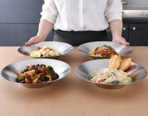 WAGENSTEIGER Set mit 4 Edelstahl-Tellern, flachen Salatschalen, Servierplatten, Buffet-Party-Pfannen, Catering-Tabletts, klassisch gebürstete Oberfläche, ideal für heiße und kalte Gerichte