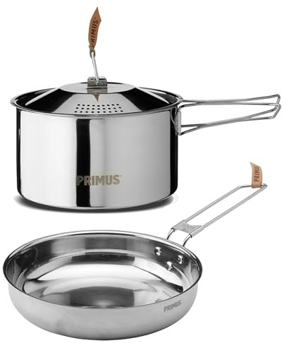 Primus Outdoor Kochset Edelstahl - Campfire Cookset Small - 1,8 L & 17,5 cm Camping Kochtopf - 21 cm Camping Pfanne - Camping Kochgeschirr für Lagerfeuer & Gaskocher - Camping Geschirr Edelstahl