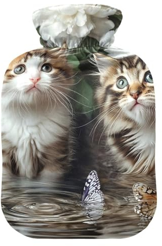 Wärmflasche mit Katzen mit Schmetterlingen und weichem Bezug, Bett, Hand- und Fußwärmer, Wintergeschenk, warme Wasser-Wärmeflaschen für Menstruationskrämpfe, Schmerzlinderung, 1 Liter