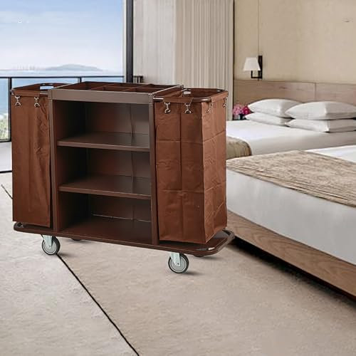 Kommerzieller Reinigungswagen auf Rädern, traditioneller Reinigungswagen, Reinigungswagen mit 3 Ablagen für Hotels, Geschäfte, Schulen und Unternehmen,Braun