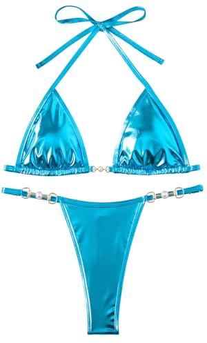 SEAUR Metallisk bikini för kvinnor tvådelad sexig trekantig High Cut stringtrosor baddräkt med string halterneck toppar badmode