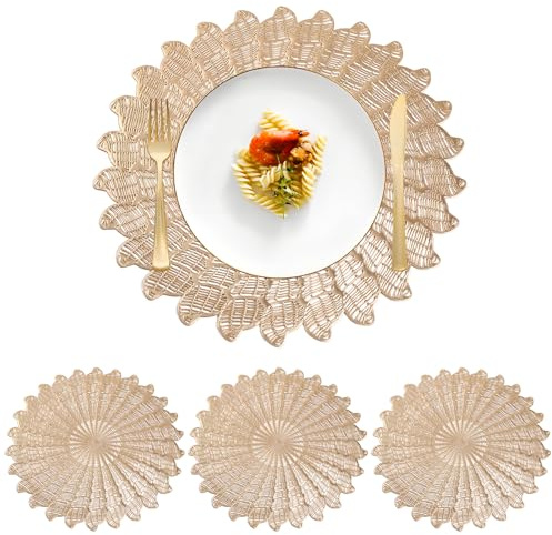 Manteles Individuales Redondos Juego de 4, Salvamanteles Individuales de PVC Dorados 38 cm, Mantel Individual Lavable Decorativo para Mesa de Comedor, Cocina, Restaurante, Boda y Fiesta