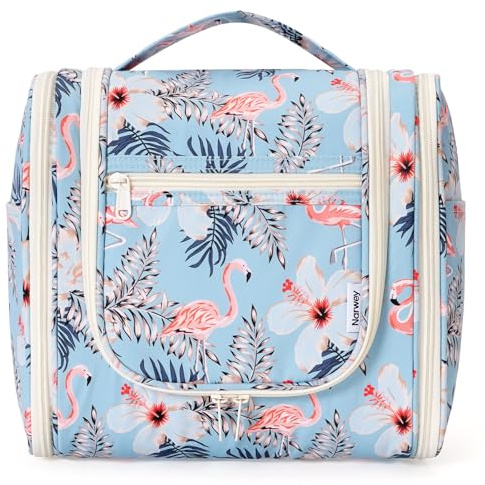 Narwey Travel Large Hanging Toiletry Wash Bag Makeup Cosmetic Organizer, Aqua Flamingo