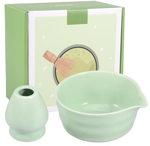 Matcha Cuenco y Batidor Soporte 500ML Cerámica Chawan Fácil Suministros Batidor Cuenco de té, Tazón de Matcha Japonés Tazones de Té para Principiantes DIY Amantes Principiantes (Verde)