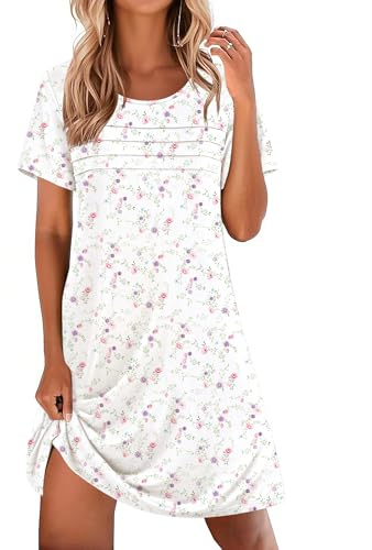 Ekouaer Cotton Nightgowns for Women Short Sleeve Sleep Shirts Pleated Night Shirts Soft Crew Neck Night Gown White Floral