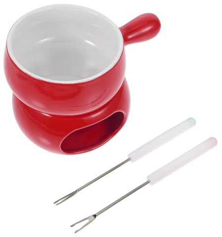 MOTHNUR Fondue De Cerámica para Chocolate Base Roja, Olla Mango y 2 Tenedores, Resistente Al Calor, Tamaño Mediano, Adecuado para Uso Doméstico y Postres