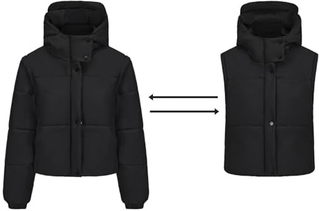 ORANDESIGNE Chaqueta Acolchada Mujer Invierno Plumifero con Capucha 2 in 1 Chaquetas Plumas Corta Mangas Desmontables Chaleco Plumas B Negro XL