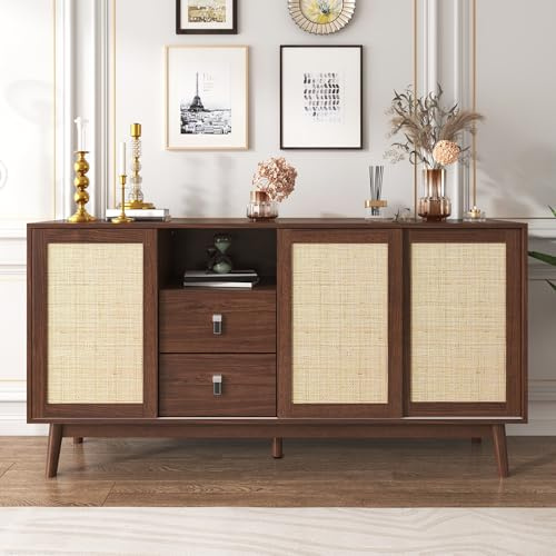 Merax Buffet en rotin avec 3 portes coulissantes et 2 tiroirs, 155 x 38 x 80 cm, buffet avec espace de rangement et pieds en bois massif, pour salon, salle à manger, couloir, armoire moderne et stable