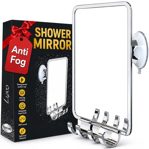 Luxo Shower Mirror, Shower Mirror fogless for Shaving with a Removable Razor Holder - Shaving Mirror for Shower with a Powerful Suction Cup, Shatterproof fogless Mirror for Shower