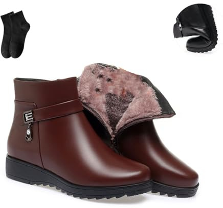 POIOZXD Orthopädische Damenstiefel aus echtem Leder, Wolle, einfarbig, Winter, Schnee, Plateau, Lederstiefel, wasserdicht, gefüttert, seitlicher Reißverschluss, flache Stiefeletten, braun, 38.5 EU