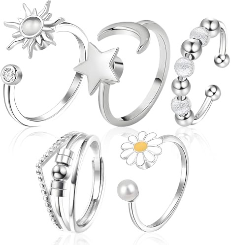 xwnyzw 5Pcs Fidget Rings for Women, Anxiety Rings for Women, Silver Adjustable Open Spinner Ring Mood Ring, Anxiety Men and Kids Gifts Birthday Party, Relieve Stress and Stay Calm
