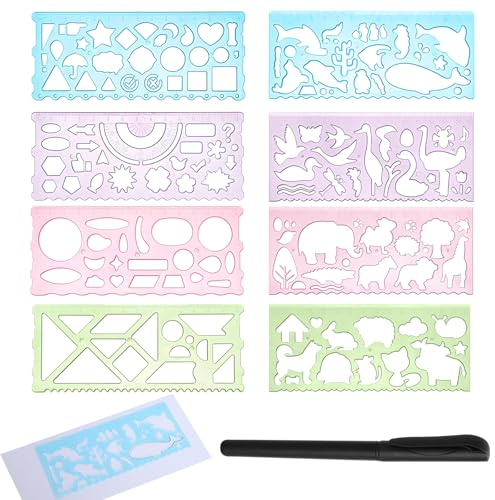 TMZELOA 8 stencil per bambini per disegno con righello trasparente 15 cm a forma di animale, modelli di misurazione in plastica con animali e forme geometriche, set educativo e creativo per scuola