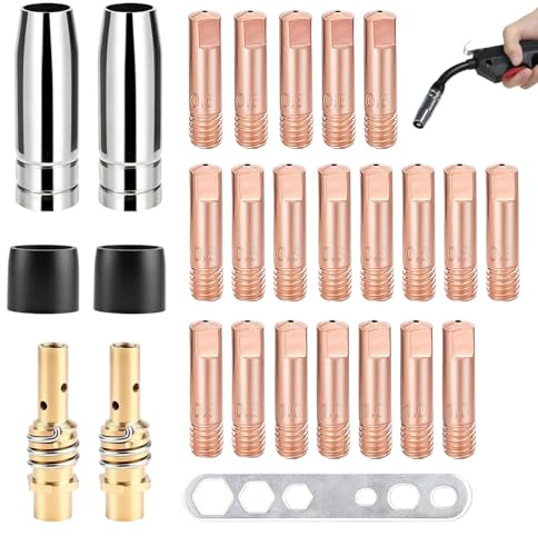 27 Stück Verschleißteile Set, Schutzgasschweißgerät Zubehör mit 20 x Stromdüse M6 0,6-1 mm, 2 x Schweißdüsen, 2 x Düsenstock, 2 x Isolator, 1 x Schraubenschlüssel für 15AK MIG/MAG Schweißbrenner