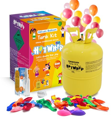 Hotwhip 13L Helium Tank, Up To 50 Latex Balloons, Helium Tank For Balloons At Home, 50 Assorted Latex Balloons,100ml Balloon Care Treatment Liquid Bottle & Ribbons Included