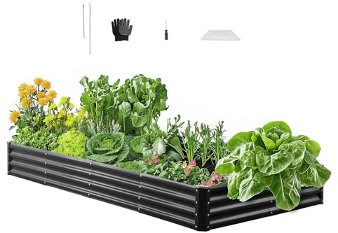 VEVOR Cama Elevada de Jardín 240 x 120 x 29 cm Rectangular, Jardinería Elevada de Metal con Base Abierta para Cultivo de Flores Plantas Hierbas Huerto con Accesorios para Jardín Terraza Patio Balcón