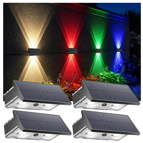 Bigzom Solar Exterior Arriba y Abajo, Lámparas Solares para Pared Exterior 4 LEDs, Luz Cálida/Fría/Multicolor, Lámpara Solar Impermeable IP65 para Jardín Balcón Terraza Escaleras - Pack de 4