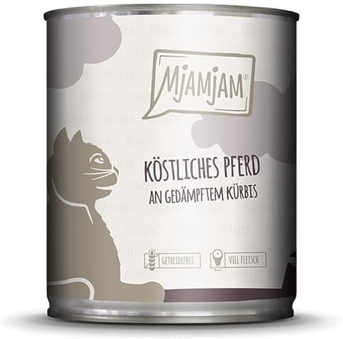MjAMjAM - cibo umido premium per gatti - delizioso cavallo su zucca al vapore, confezione da 6 (6 x 800 g), senza cereali con carne extra