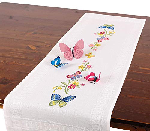 Stickpackung Schmetterlinge, komplettes vorgezeichnetes Kreuzstich Tischdecken Set, Sommer Tischläufer Stickset mit Stickvorlage zum Selbersticken