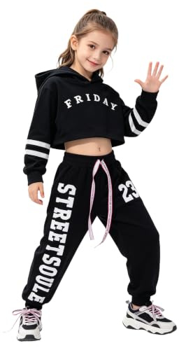 LOLANTA Ragazze Moderne Jazz Dance Outfit, Felpa con Cappuccio per Bambini, Pantaloni Hip Hop da Jogger(Nero, 7-8 anni, 130)