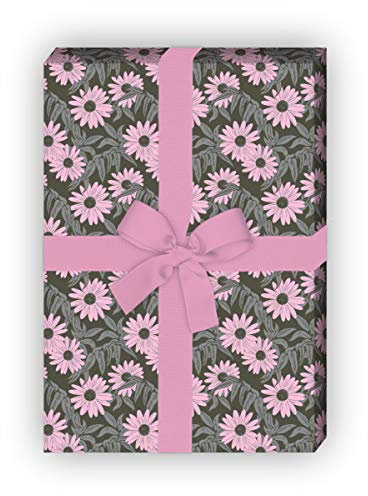 Vintage Margeriten Geschenkpapier mit Gänseblümchen Blumenranken, grau rosa, für schöne Geschenk Verpackung zum Einpacken 32 x 48cm, 4 Bögen für Geburtstage, Weihnachtsgeschenke, Dekorpapier