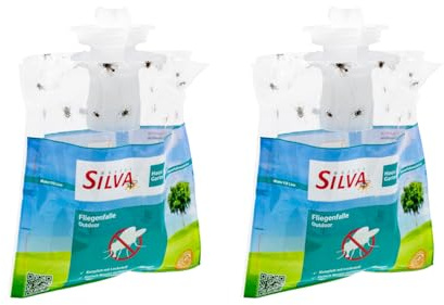 Silva® 2X Fliegenfalle Outdoor [BIS ZU 6 WOCHEN EINSETZBAR] – Einweg Monitoring Fliegenfänger für Garten, Terrasse, Balkon & Stall – Lockfalle zum Aufhängen – Fassungsvermögen bis zu 20.000 Fliegen.
