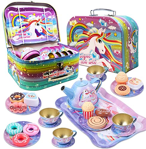Koolbitz Kids Unicorn Tea Party Set, 27PCS Tin Tea Set Toys with Teapot, Cups, Desserts and Carry Case, Princess Kitchen Playset Accessories Gift for Girls Age 3+ Years