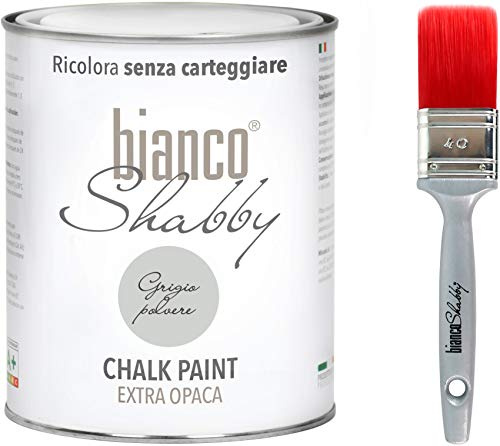 bianco Shabby Pintura a la Tiza para Todas las Superficies - 1 L Chalk Paint Grigio Polvere + Brocha 40mm para Muebles de Madera - Interior & Exterior