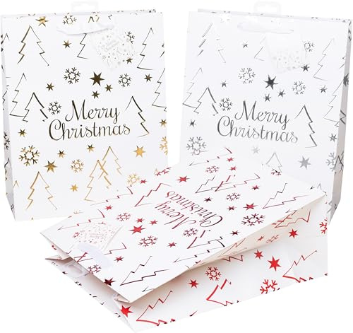 HEKU XL-Geschenktaschen 'Merry Christmas' Hochglanzoptik, Set von 24 I In rot, silber, gold I Recyclingpapier, 33x26x13cm I Mit Bändchen und Klappkärtchen I Ideal für Weihnachtsgeschenke