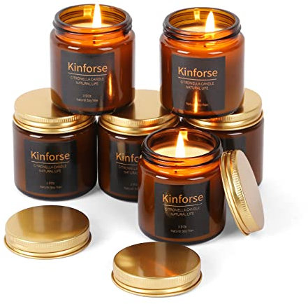 Kinforse Set di 6 Candele Profumate alla Citronella con Olio Essenziale di Soia Naturale - Aroma Intenso e Duraturo per Aromaterapia, Ideali per Esterno, Giardino, Balcone, Patio e Interni