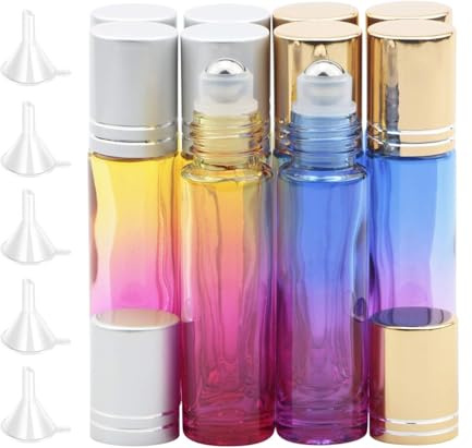 Rowiz 10PCS 10ml Gradient Color Glass Bottle Leakproof Glass Bottle Essential Oil Roller Bottles Set With Stainless Steel Balls And Gold or Silver Screwcap For Perfume & Aromatherapy Oils