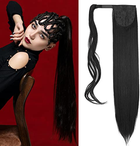 Gairyan Ponytail Extension slät 60 cm lindad hårförlängning fläta hästsvans hårdel fläta förlängningar rak långt syntetiskt hår fläta hårstycke syntetiskt hår för kvinnor (svart)