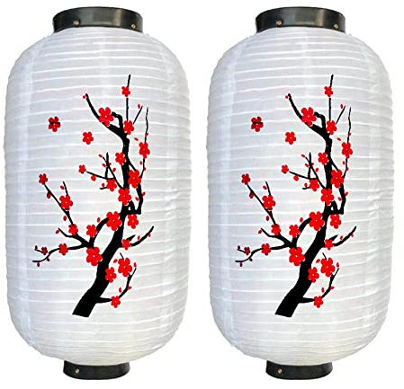 Thinkhappyyoyo 2 Stück 25 cm Pflaumenblüte japanische Laterne lange Form Tuch DIY Restaurant Laterne chinesische Laterne für Zuhause Party Hängende Lampion Dekoration (weiß)
