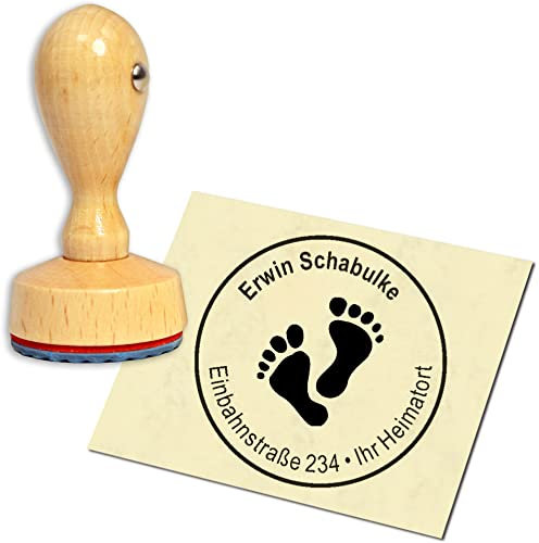 Stempel Adressstempel Holzstempel - Fußabdrücke - rund ∅ 40mm personalisiert als Firmenstempel Namensstempel Bürostempel