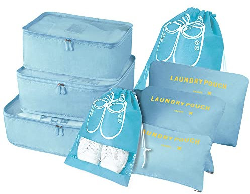 Vicloon Koffer Organizer, 8-in-1-Set Gepäck Organizer, wasserdichte Reise Kleidertaschen umfassen 2 Schuhbeutel, 3 Packwürfel und 3 Aufbewahrungsbeutel, für Kleidung Schuhe Kosmetik - Koreanisch Blau