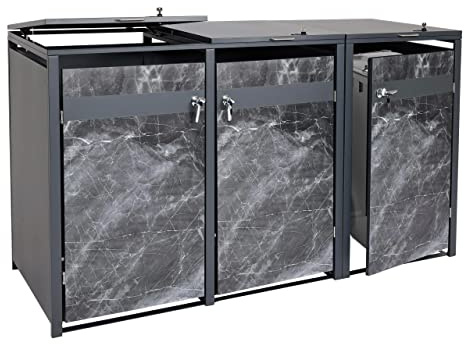 3er Mülltonnenverkleidung HWC-J82, Mülltonnenbox, erweiterbar, Metall 80kg, anthrazit - Marmor-Optik dunkel
