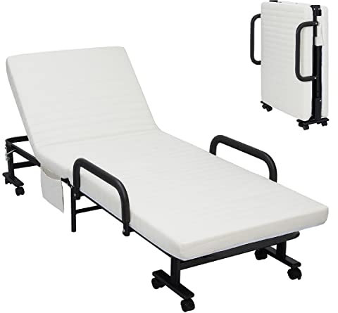 COSTWAY Folding Sofa Bed with Mattress, Wheels and Side Pocket, 6-Position Adjustable Couch Sleeper Chaise Lounger, Portable Convertible Single Guest Bed for Home Office Camping (White)