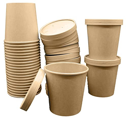 BAMI 500 Suppenbecher To Go mit Kraft Deckel | 765ml/26oz - braun | Biologisch abbaubar & kompostierbar | Einweg Suppenschale Soup To Go