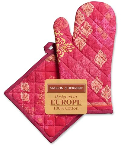 Maison d' Hermine Gants de four + maniques 100 % coton, résistants à la chaleur (19 cm x 33 cm) et maniques de 20 cm x 20 cm, pour la cuisine, le barbecue, la pâtisserie, Versailles, Thanksgiving