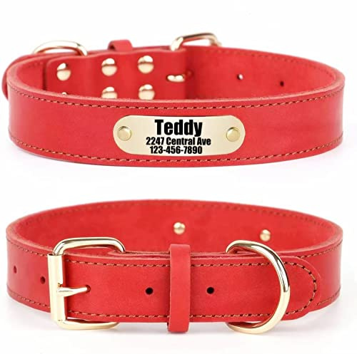 SLZZ Personalisiertes Hundehalsband aus echtem Leder mit Hundename Telefonnummer/langlebiges verstellbares Hundehalsband für X-Klein Klein Mittel Groß X-Groß Hunde - Rot/S