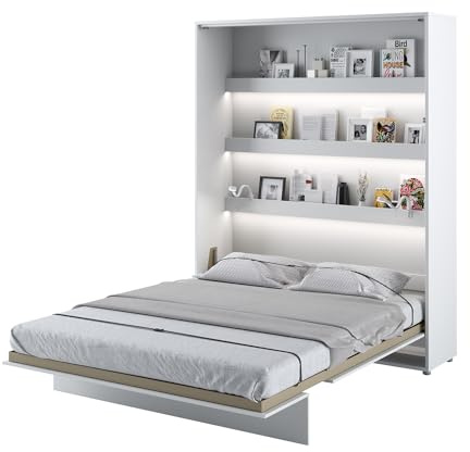 MEBLINI Schrankbett Bed Concept - Wandbett mit Lattenrost - Klappbett mit Schrank - Wandklappbett - Murphy Bed - Bettschrank - BC-12-160x200cm Vertikal - Weiß Hochglanz/Weiß