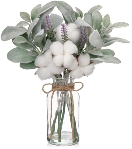 Hollyone Künstliche Lamb's Ear Stämme in Glasvase mit Faux Wasser, 34cm Fake Pflanze Lavendel Blume für Haus Büro Bauernhof Hochzeit Mittelstück Dekoration