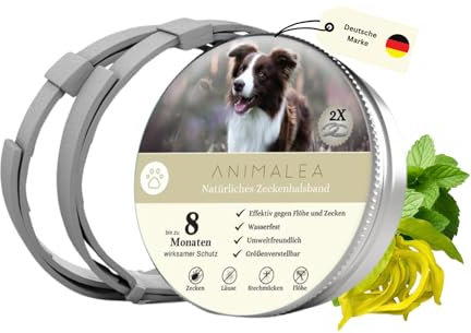 Animalea - 2er-Pack Zeckenhalsband für Hunde - 100% Ätherisches Öl - Wasserdicht & Verstellbar für Welpen & Hunde ab 7 Wochen - bis zu 16 Monate Schutz gegen Zecken Flöhe Mücken Läuse Sandmücken