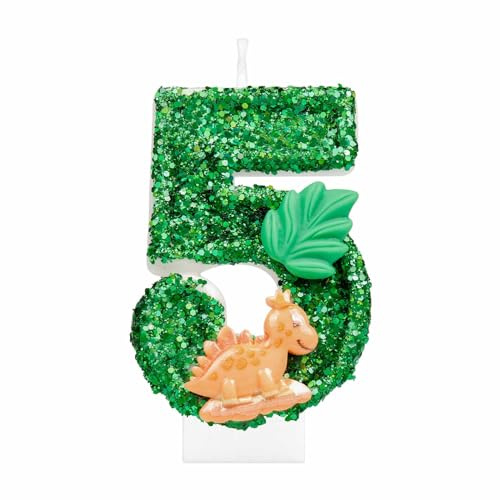 i-QiQi Dinosaurier Zahl 5 Geburtstagskerze Dinosaurier Glitzer 5 Geburtstag Zahlenkerze Glitzer 3D Design Kuchen Topper Dekoration Happy Birthday Kuchen Kerzen für Grün Tier Thema