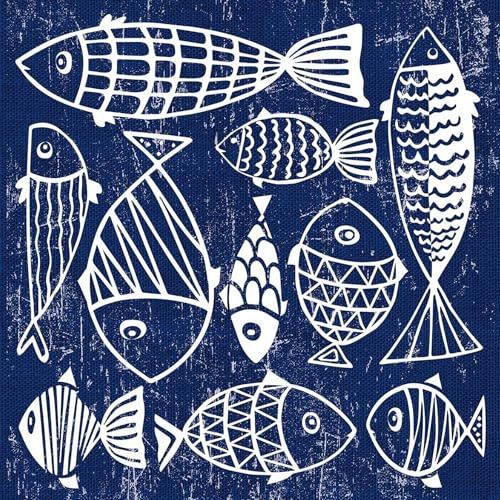 PPD 20 Servietten Tiermotive Weiße Fische auf dunkelblau als Tischdeko. Papierservietten mit Motiv. Auch für Decoupage und Serviettentechnik 33x33cm