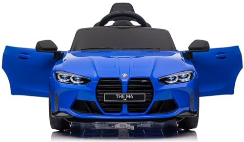 BMW M4, MPower- 90W, 12V-14ah, Eva Räder, Ledersitz, Kinderauto Kinderfahrzeug Kinder Elektroauto, Bluetooth, Fernbedienung 2.4G (Blau)