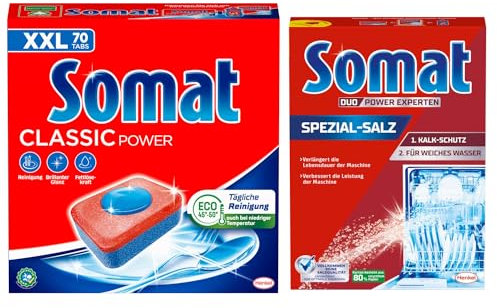 SOMAT Tabs 70 AW Classic Power, Geschirrspül Tabs mit Fettlösekraft für kraftvolle Reinigung, für strahlend sauberes Geschirr + Somat Duo Power Experten Spezial-Salz 1,2kg