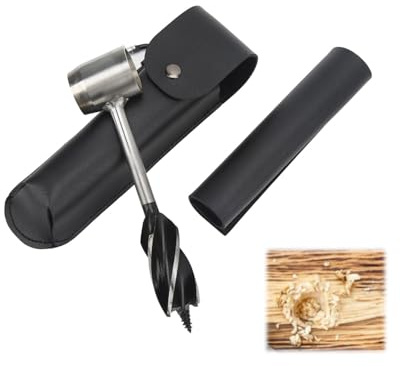 FAUOSWUK Bushcraft Settlers Tool Hand Auger Wrench Set with Storage Bag,Stainless Steel Multifunctional Portable Manual Wood Auger Drill Bit for Camping, Bushcrafting (Black PU Leather