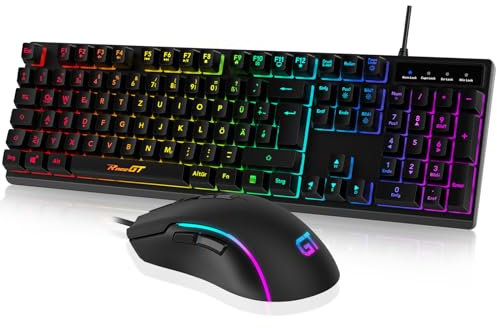 Maus und Tastatur Gaming Büro,RaceGT Tastatur Kabel RGB Beleuchtet LED Hintergrundbeleuchtung Wasserdicht 104 Tasten, Kabel Maus mit 7 Tasten 6400 DPI für PC Gamer Laptop QWERTZ (DE-Layout)
